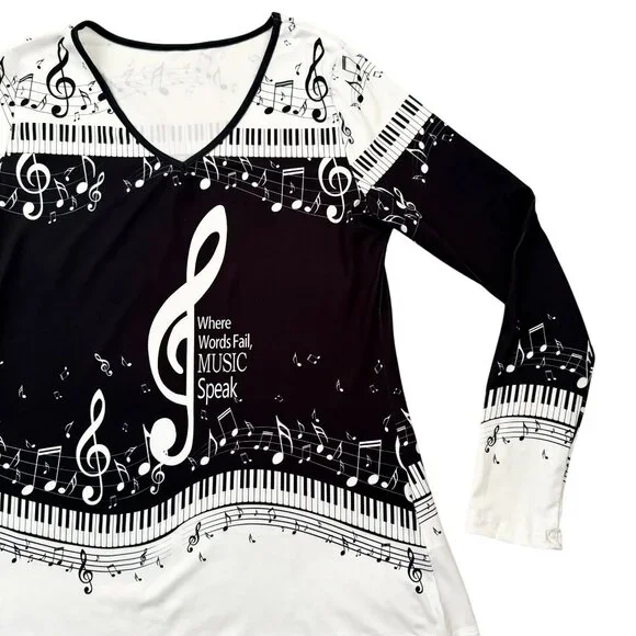 Music Notes Long Sleeve Top Size M Black White V Neck Piano Keys Print - Picture 7 of 9